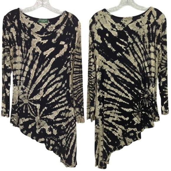 KATHMANDI Imports long sleeve Tie Dyed black beige gray asymmetrical hem‎ top P - Picture 1 of 14